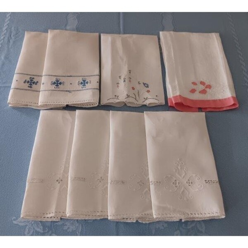Vintage Lot 8 Linen Hand Towels Italian & Madeira Embroidery Blue Ivory Pink Tow